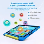 Back view of URAO 10 inch kids tablet featuring dual cameras