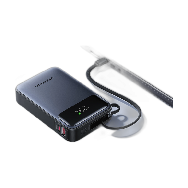 Vention 65W 20000mAh power bank with built-in USB-C cable for laptop and smartphone charging