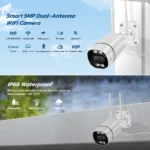 WiFi IP bullet camera showing dual antennas and mounting bracket