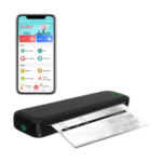 White portable A4 thermal printer with paper roll and charging cable