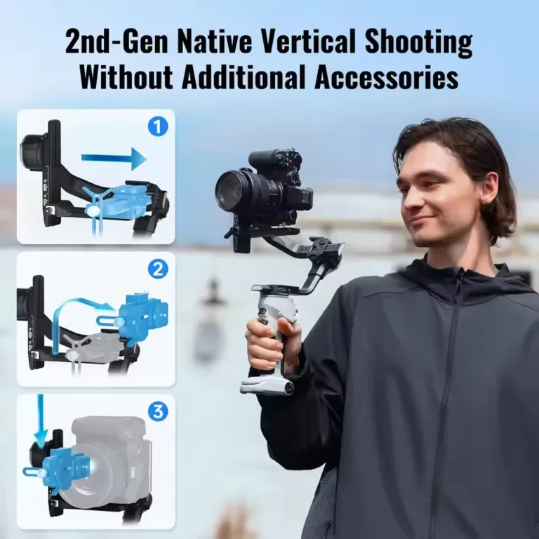 Side view of ZHIYUN CINPEER CRANE 4E gimbal showing touchscreen OLED display