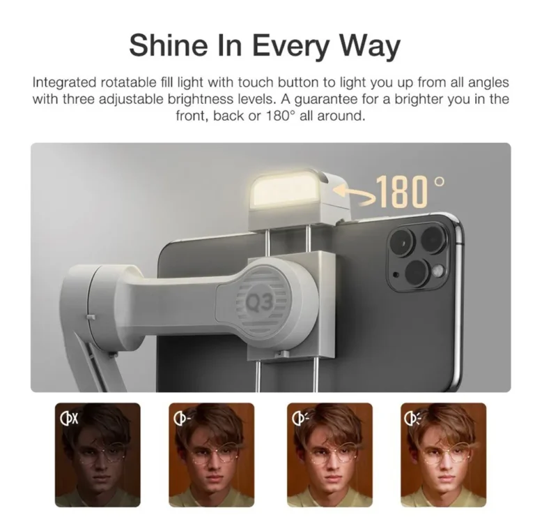 ZHIYUN Smooth Q3 gimbal showing 180 degree rotatable fill light