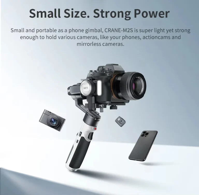 Zhiyun Crane M2S gimbal showing side controls and grip