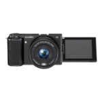 Front view of 64MP digital selfie camera with flip touchscreen