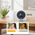 Back view of digital camera displaying 3-inch flip touchscreen