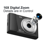 Front view of 4K digital camera with 16x zoom