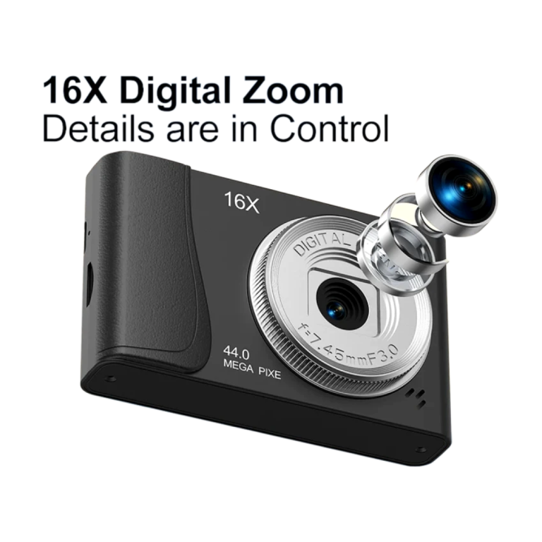 Front view of 4K digital camera with 16x zoom