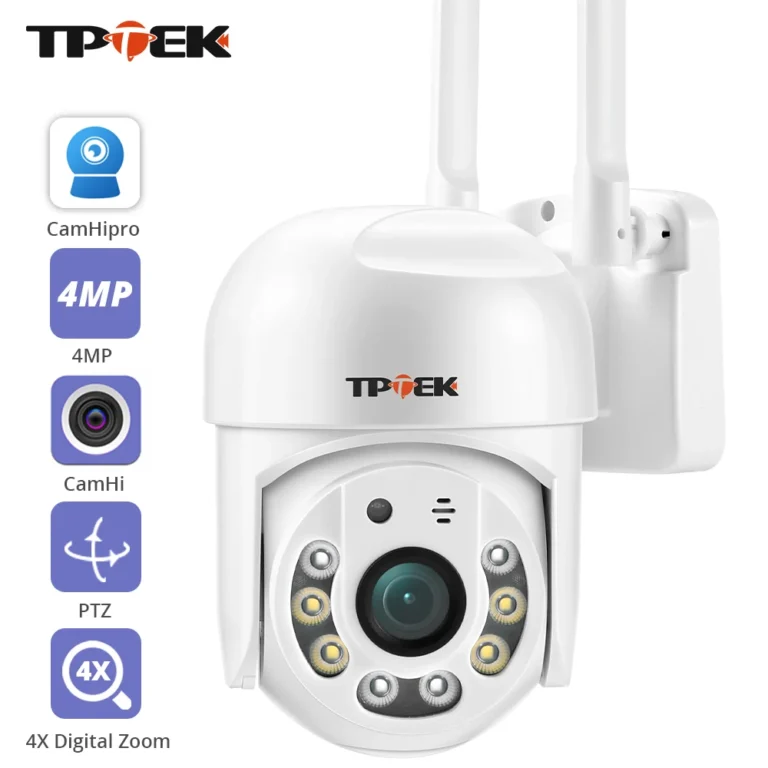 TPTEK 4MP PTZ WiFi IP camera white outdoor security unit front view
