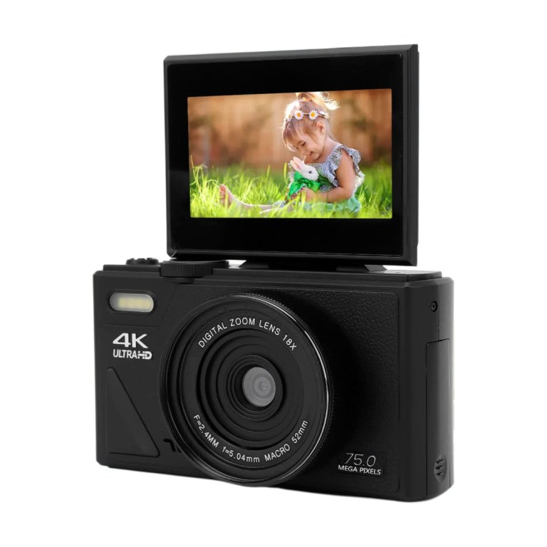 Retro mirrorless 75MP 5K digital camera with 3 inch screen front view