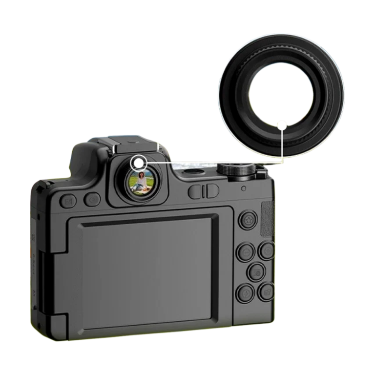 Front view of 68MP digital camera with flip screen and viewfinder knob