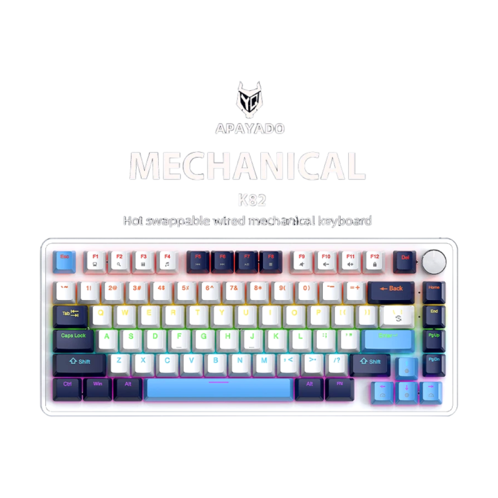 APAYADO K82 82-key black mechanical keyboard with RGB backlight and metal knob