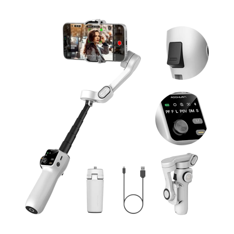 AOCHUAN 3-axis handheld gimbal stabilizer with extension rod on white background