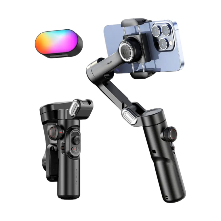 AOCHUAN 3-axis handheld smartphone gimbal with RGB fill light front view
