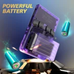 BOYHOM R36XX handheld game console connected to charger via Type-C