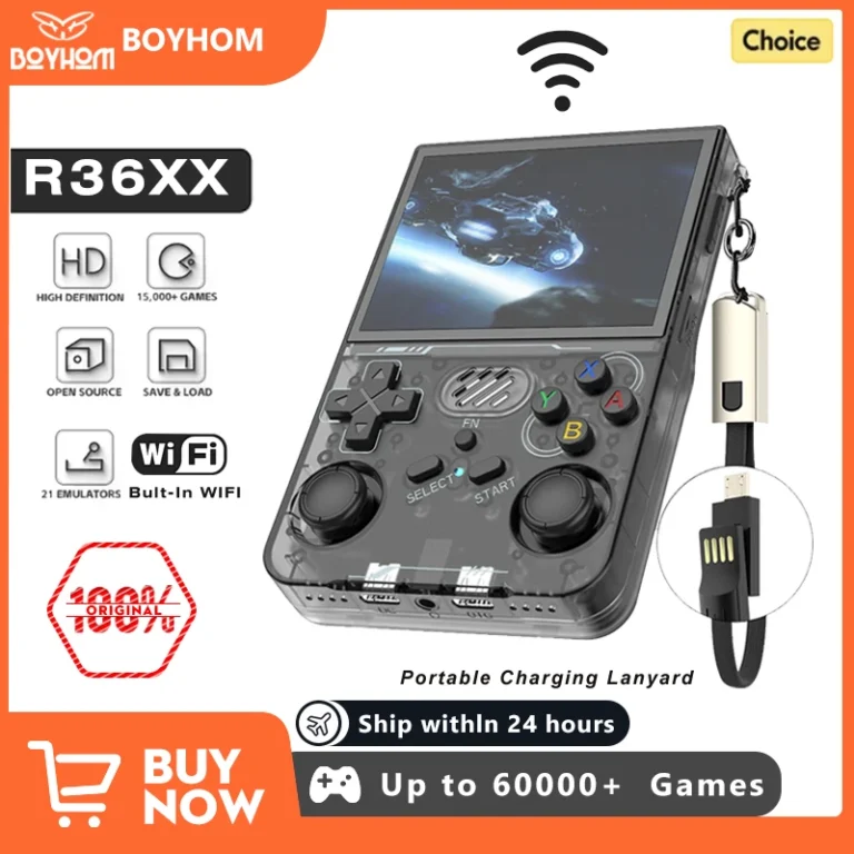 BOYHOM R36XX retro handheld game console front view with screen on