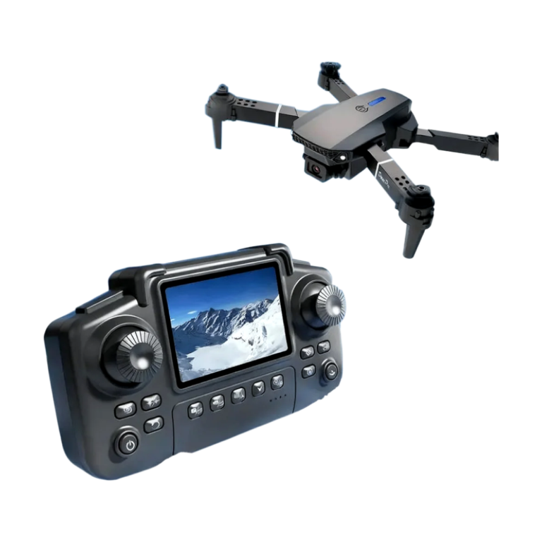 E88 4K camera drone with large screen remote controller on white background