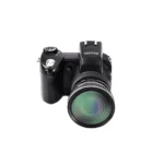 DSLR camera with LED spotlight and tripod setup