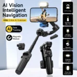 Side view of smartphone mounted on AI tracking gimbal with telescopic rod