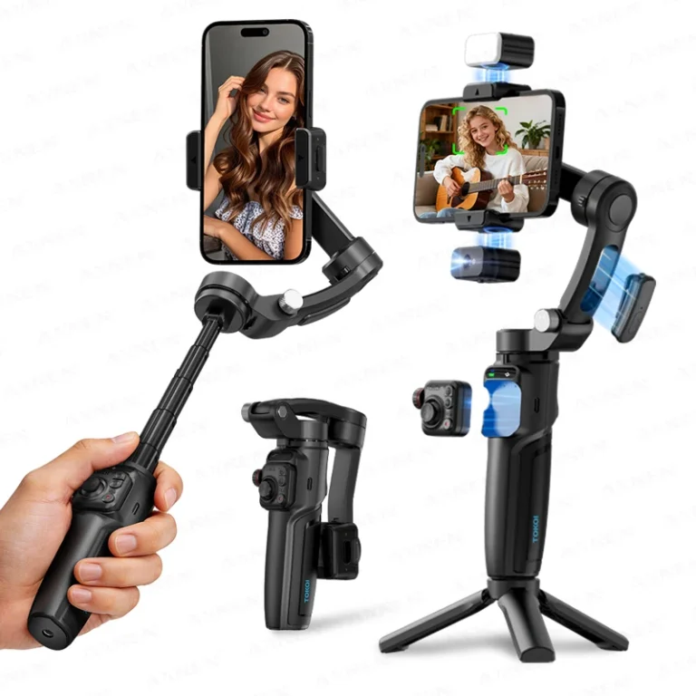 3-axis handheld gimbal stabilizer with built-in extension rod and wireless microphone