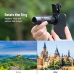 Side view of NEEWER 400mm telephoto lens attached to phone with lens clip