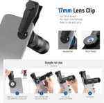 Phone camera with NEEWER telephoto lens capturing distant landscape