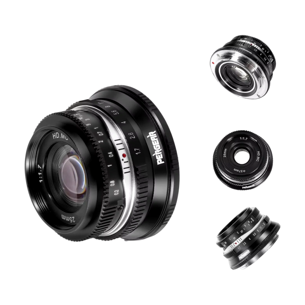 Pergear 25mm F1.7 manual prime lens front view