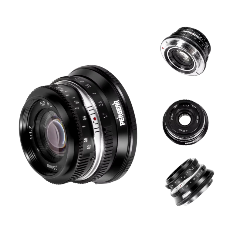 Pergear 25mm F1.7 manual prime lens front view