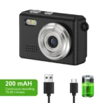 Portable camera beside Type-C charging cable and lanyard