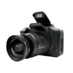 Compact handheld DSLR camera showing lens and controls