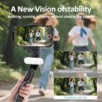 QAML A6 handheld gimbal extended as selfie stick tripod with smartphone mounted