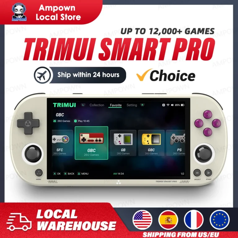 TRIMUI SMART PRO handheld console front view with RGB joysticks